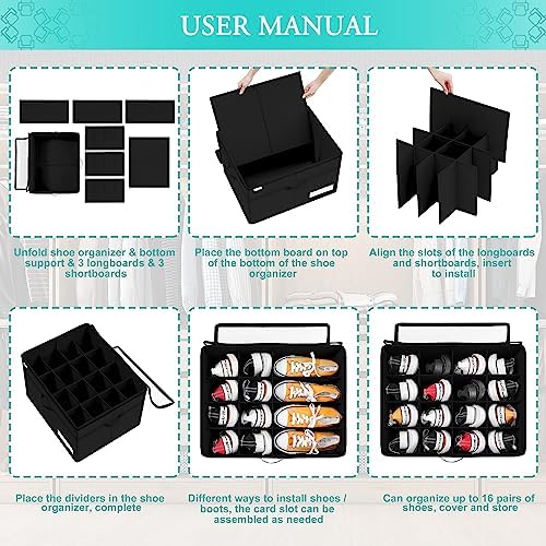 Luvhomee Shoe Storage Organizer, Fits 16 Pairs, Large Shoe Organizer Box for Closet, Clear Foldable Shoes Containers w/Bottom Support, Space Saving Shoe Cubby Storage Boxes w/Reinforced Handles, Black - Image 6