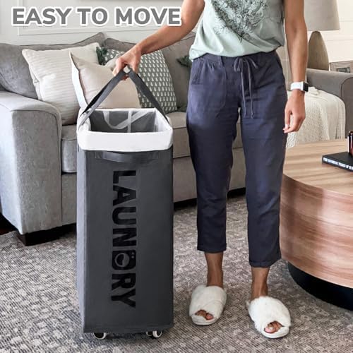 CHICVITA 75L Large Rolling Laundry Basket with Wheels & Wash Bag, Grey - Image 6