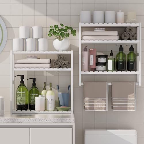 Towel Rack Bathroom Storage Shelves Over The Toilet with Towel Bar 100% Bamboo Adjustable Height Floating Shelf Wall Shower Shelf for Small Space Bathroom Kitchen Multi Usage White New 2Pack by PPN