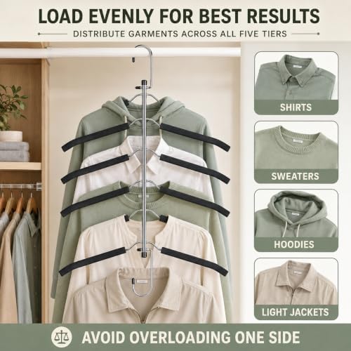Space Saving Clothes Hangers – 5-in-1 Shirt & Coat Hangers with Non-Slip Foam, Stainless Steel Tiered Closet Organizer for Sweatshirts, Hoodies, Sweaters, T-Shirts – 2 Pack by ZNBEN - Image 6