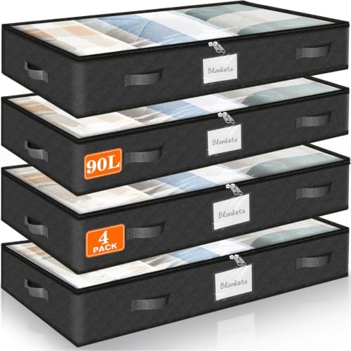 90L Under Bed Storage Containers, Storage Bags, Organizers, 4-Pack, Black | Foldable, Soft Fabric, Closet Organizers, Reinforced Handle, Label Holder, Clear Window, for Comforters, Clothing, Blankets by Unknown