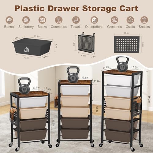 Rolling Cart with Drawers, Rolling Storage Cart with Large Plastic Drawers & Wooden Tabletop, Utility Cart with Pegboards & Basket, Storage Drawers Cart for Living Room, Classroom, Bedroom, Office - Image 2