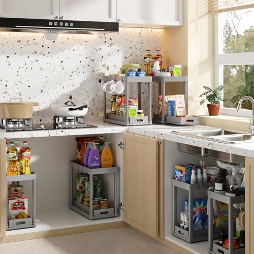 2PC Under Sink Organizer Rack 2 Tier Under Sliding Cabinet Basket Organizer Drawer with 4 Hooks, Multi-purpose Under Sink Storage for Bathroom Kitchen Desktop（Grey） - Image 4