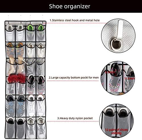 SAVERHO Over the Door Shoe Organizer, Hanging Shoe Organizer with 24 Mesh Large Pockets Door Shoe Rack Organizer for Men Women Kids Hanging Shoe Storage Bag.(White) - Image 4