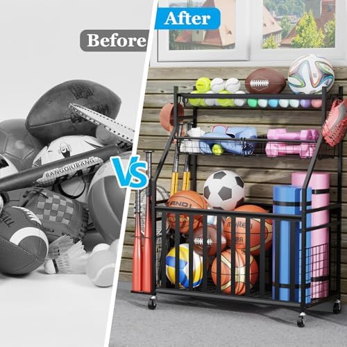 Jsskeeim Garage Sports Equipment Organizer,Sports Ball Organizer with Wheels,Mesh Pocket, Basket,Ball Organizer with Baseball Bat Rack and HooksToy Storage Rolling Cart-Black - Image 6