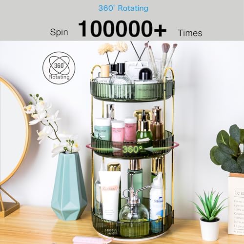 360 Rotating Makeup Organizer - Large Capacity Spinning Perfume & Cosmetic Skincare Holder for Vanity & Countertop (Gem Green, 3 Tier) - Image 5