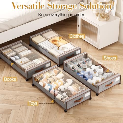 Yecaye 60L Under Bed Storage with Wheels, 4 Pack, Greige | 360° Rolling Wheels, Clear Lids & Label, Reinforced Handle, Rolling Metal Drawers for Clothes, Blankets, Shoes in Bedroom - Image 3