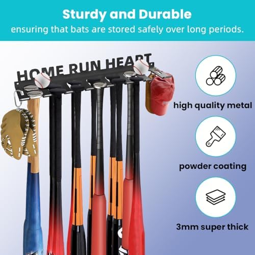 Baseball Bat Storage Rack Wall Mount Softball Holds 14 Bats Metal Organizer Heavy Duty Steel Sports Display Holder Home and Field Equipment Hanger Hooks Hardware Included Home Run - Image 5
