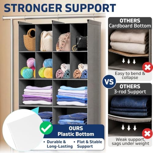 6 Tier Hanging Closet Organizer, 16 Compartments Dual Row Storage, Grey | Closet Organizers and Storage with Large & Small Pockets, 3 Sturdy Hooks Support Heavy Loads, Ideal for Dorm, Garment Rack - Image 4