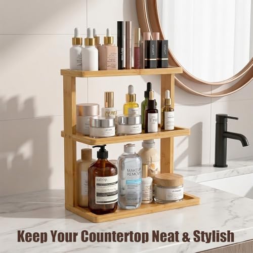 PEKER Bamboo Bathroom Organizer Countertop – Vanity Storage Shelf for Makeup, Perfume, Skincare – Natural Cosmetics Display Rack for Dresser, Sink, Kitchen – Natural - Image 2