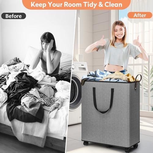 SpaceTrove Rolling Laundry Basket with Wheels, Laundry Hamper, 155L, Grey - Image 4