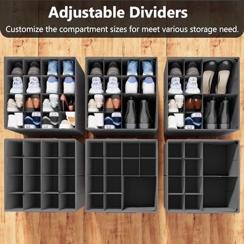 SUOCO 2 Pack Shoe Organizer for Closet, Fits up to 32 Pairs, Small Space Shoe Storage Boxes Bins Containers w/Adjustable Dividers and Clear Top, Grey - Image 2