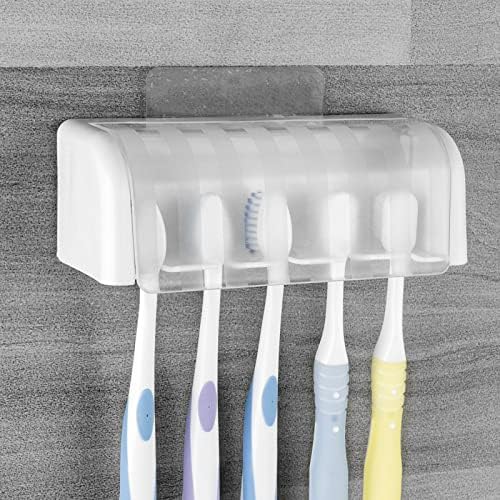 5 Slots Wall Mount Toothbrush Holder with Cover, Self Adhesive Toothbrush Storage Organizer for Shower, Toothbrush Hanger for Bathroom, Medicine Cabinet, Dorm by LUEXBOX