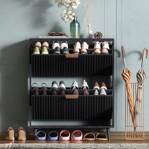 Shoe Cabinet Storage,Modern Freestanding Organizer with 2 Flip Drawers,Narrow Shoe Rack Cabinet for Entryway,Black by QIVOMIX