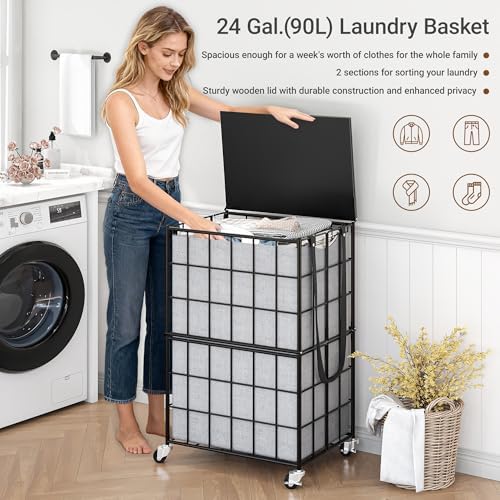90L Laundry Basket with Wheels, Large Capacity Laundry Hamper with Removable Liner Bags, Heavy Duty Laundry Sorter with Solid Wood Lid & Leather Handles, Grey - Image 6