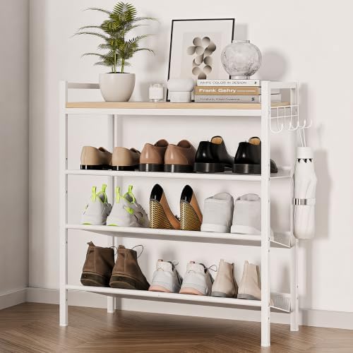 4 Tier Shoe Rack, Shoe Rack for Entryway with Hook, Shoe Organizer with Adjustable Mesh Shelves, Metal Shoe Storage, Closet, Bedroom Living Room Garage - Image 5