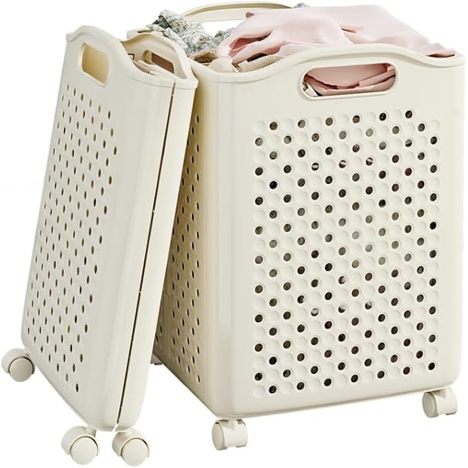 57L Foldable Collapsible Laundry Basket, with Wheels+Handles(Cream White) by MakeLifeBetter