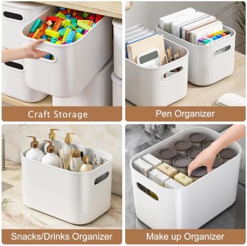 6 Pack White Storage Bins with Lids Stackable Storage Container for Organizing, Small Storage Boxes with Handle for Shelves, Cute Organizer Bins for Craft, Snacks, 9.85x6.9x5.7 inch - Image 4
