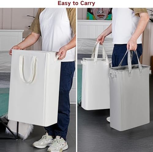 efluky Slim Laundry Basket, Narrow Laundry Hamper with Handles, Collapsible Dirty Clothes Hamper, Tall Laundry Bin for Laundry Room, Dorm and Bedroom, 19.8 Gallon (75L) Beige - Image 4