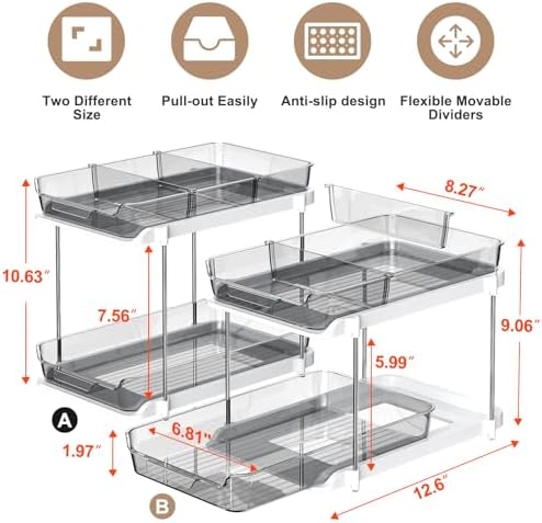 Delamu 2-Tier Multi-Purpose Bathroom Under Sink Organizers and Storage, Stackable Kitchen Pantry Organization, Pull Out Medicine Cabinet Organizer with Movable Dividers, Grey, 2 Pack - Image 2