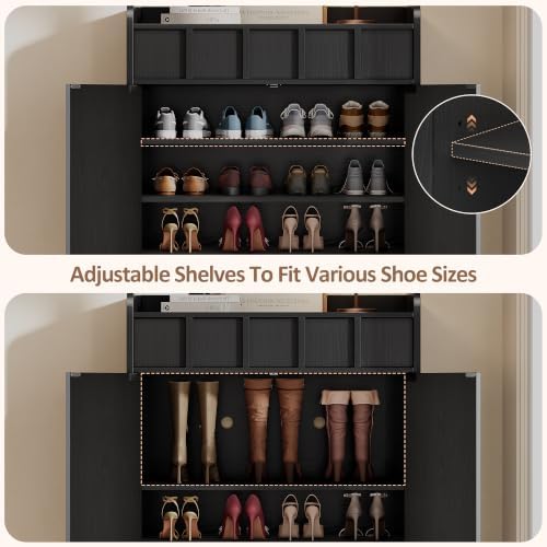 Shoe Cabinet Storage for Entryway with Doors, 6 Tier Fluted Shoe Organizer with Drawer & Adjustable Shelves, Freestanding Hidden Shoe Rack for Front Door Entrance, Black - Image 6