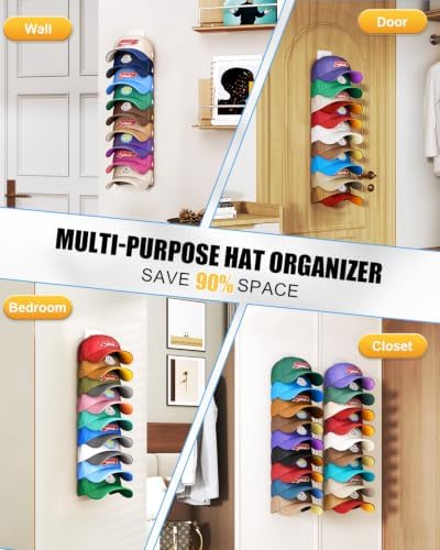 Hat Organizer for Baseball Caps, 2 Pack Strong Adhesive Hat Rack for Wall, Multilayer Wall Mount Hat Storage Holder for Closet Door - Hat Hanger Hold Up to 18 Hats (White) - Image 7