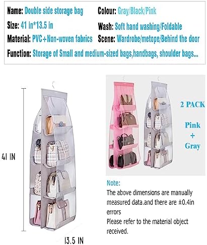 AARAINBOW 2 Packs Hanging Handbag Purse Organizer, Hanging Hand Bag Organizer Wardrobe Closet Purse Holder, 8 Pockets, 43.3L x 14.1W (B Gray Light Pink) - Image 5