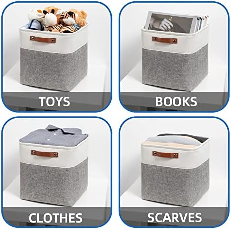 Temary 12 Inch Storage Baskets Foldable Fabric Storage Cubes 4PCs Storage Bins Organizer with Handles, Baskets for Organizing Clothes, Towels (White & Grey, 12 x 12 x 12) - Image 4