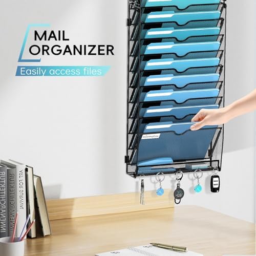 20-Tier Wall File Organizer and Mail Organizer with 5 Hooks, Black - Image 5