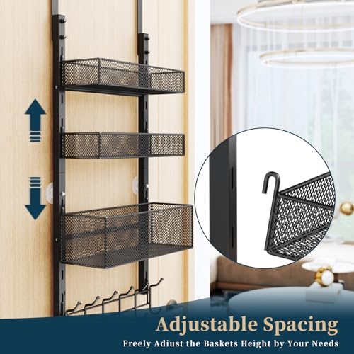Consumest Over The Door Hooks Organizer - 4 Tier Door Coat Rack with 3 Baskets & 12 Hooks, Stainless Steel Towel Hanger for Bedroom, Bathroom, Living Room, Black - Image 2