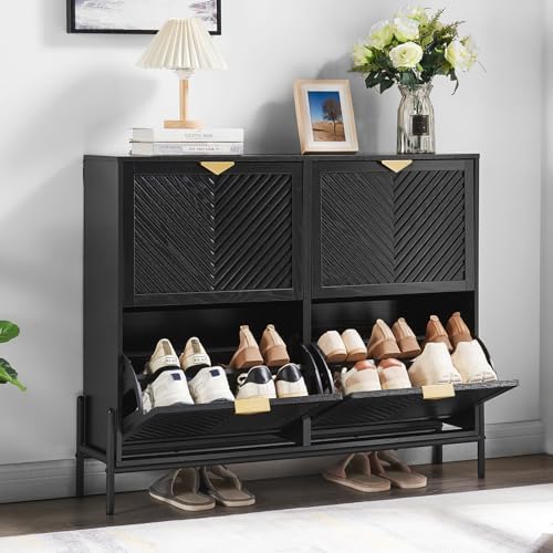 Shoe Cabinet with 4 Flip Drawers, Narrow Entryway Rack, Black - Image 4