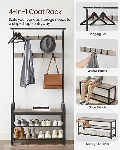 VASAGLE Coat Rack, Hall Tree with Shoe Bench, 4-in-1, 9 Removable Hooks - Image 3