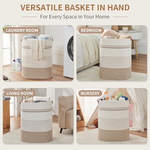 AINUOQI Laundry Basket with Handles - Blanket Basket & Hampers for Bedroom Aesthetic, Laundry Hamper & Blanket Storage for Living Room, Clothes Hamper, Tall, Large 17" x 14" x 22”, Light Brown & White - Image 3