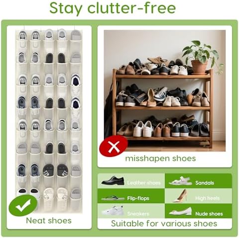 Over the Door Shoe Organizer with 40 Large Breathable Mesh Pockets, Space Saving Shoe Holder, Hanging Shoe Rack for Entryway Bedroom Closet Storage (Beige, 40 Pockets) - Image 6