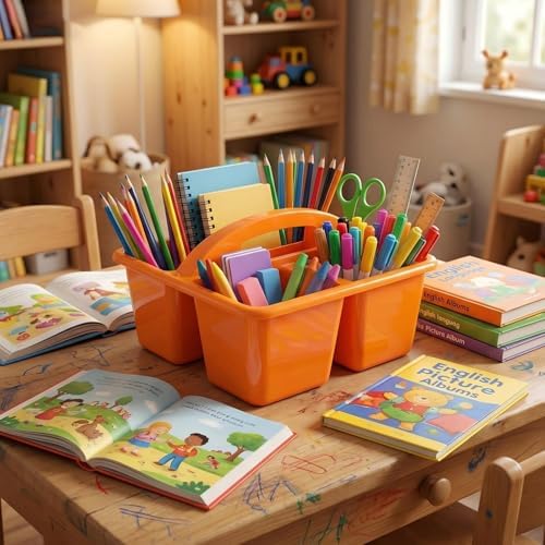 Kathfly 12 Pack Classroom Caddy Organizer with Handle, Plastic Art Craft Cleaning Caddy Bulk, Small Multipurpose Supply Organization Storage Basket for Table Desk Office Pencil Teacher (Blue Orange) - Image 4
