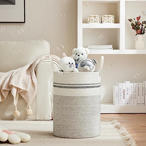 VIPOSCO 72L Tall Woven Rope Laundry Hamper, Leather Handles, Stripe White - Image 2