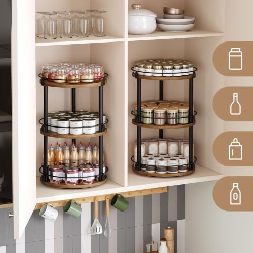 YATINEY Spice Rack, Set of 2 Lazy Susan Organizer, 3-Tier Turntable Organizer For Cabinet, Compact and Versatile, for Kitchen Countertop, Rustic Brown SR23L2BR - Image 5