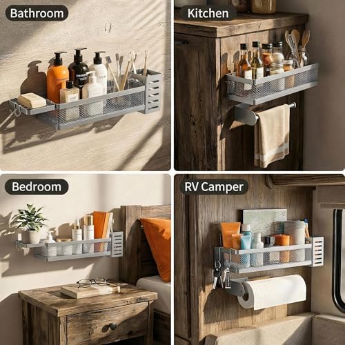 PUSDON 5-in-1 Wide Wall Mount Wrapped Mesh Kitchen Organizer & Shower Caddy Kit, with Paper Towel Holder, Utensil Holder, Soap Dish, Heavy Duty 50LBS - Silver Gray, Netting - Image 7