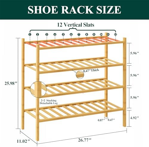 Smiry Bamboo Shoe Rack, 12 Vertical Slats, 4 Tier - 26.8" Wide, Natural - Image 2
