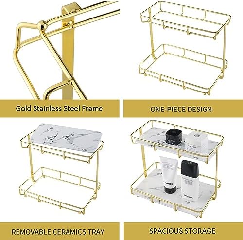 Bathroom Organizer Countertop Perfume Organizer Makeup Organizer Cosmetics Storage Display Rack Vanity Tray Dresser Stainless Steel Gold Shelf White Marble Ceramic Tray - Image 3