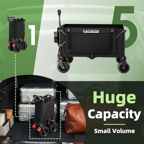 EAYNON 38" L Collapsible Foldable Extended Wagon,440lbs Weight Capacity with 220L Heavy Duty Folding Cart, Utility Wagon with Side Storage Pockets& Drink Holders,Black - Image 6