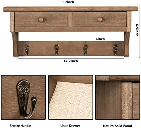 Emfogo Coat Hooks Mounted, Rustic Wood Coat Rack Mount Shelf with Hooks, Farmhouse Coat Rack with Shelf & Coat Hook for Entryway, Mudroom, Bedroom, Kitchen, Bathroom(Walnut) - Image 5