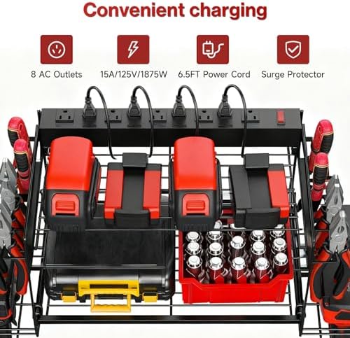Garage Tool Organizer with Charging Station & Power Strip - 4 Drill Holder Wall Mount Rack, Heavy Duty Metal Shelf for Workshop Organization - Image 6