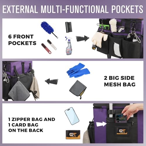 SCAVATA Rolling Cleaning Caddy Bag with Detachable Trolley, Large Cleaning Supplies Organizer with Wheels, Multi Pocket Cleaning Cart with Adjustable Shoulder Strap for Housekeeper & Home, GrapePurple - Image 2