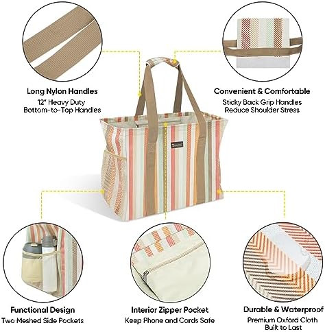 BALEINE Extra Large Utility Tote Bag with Reinforced Wire Frame, Reusable Grocery Bag for Shopping, Picnic (Color Strip, 16.5''x14''x10'') - Image 3