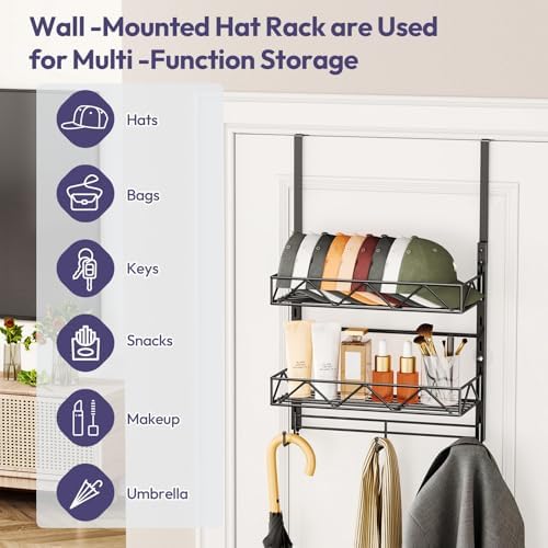 SWTYMIKI Over Door Hat Organizer - 3 Tier Wall Mounted Hat Rack with 2 Adjustable Metal Basket and 3 Hooks, Hanging Baseball Cap Organizer Storage Holds up to 29 Caps for Door, Bedroom, Closet - Image 4