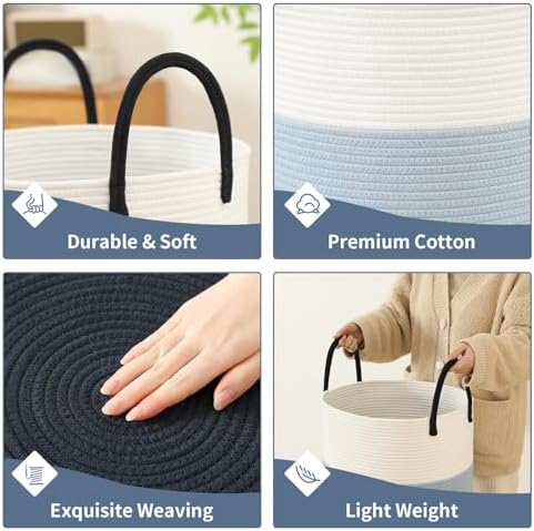 Laundry Basket Hamper Tall Rope Storage Woven for Blanket toys Dirty Clothes in Living Room Bathroom Bedroom (Gradient Blue, 80L/21.3Gal) - Image 3