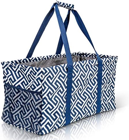 Extra Large Utility Tote Bag - Oversized Collapsible Reusable Wire Frame Rectangular Canvas Basket With Two Exterior Pockets For Beach, Pool, Laundry, Car Trunk, Storage - Geo Navy Blue by Lucazzi
