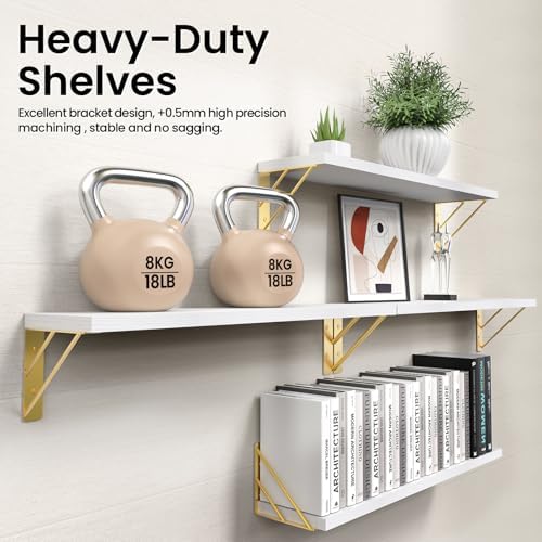 BAYKA Wall Shelves for Bedroom Decor, Wood, White and Gold, Set of 4, 23in - Image 5