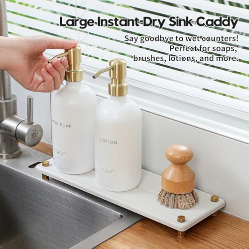 White Gold Dish Drying Rack Tray, Water Absorbing Stone Sink Caddy Kitchen Sink Organizer, Diatomite Bathroom Counter Faucet Mat Coaster, Soap Riser Dispenser Sponge Holder, White 12.5" x 4.5" - Image 2